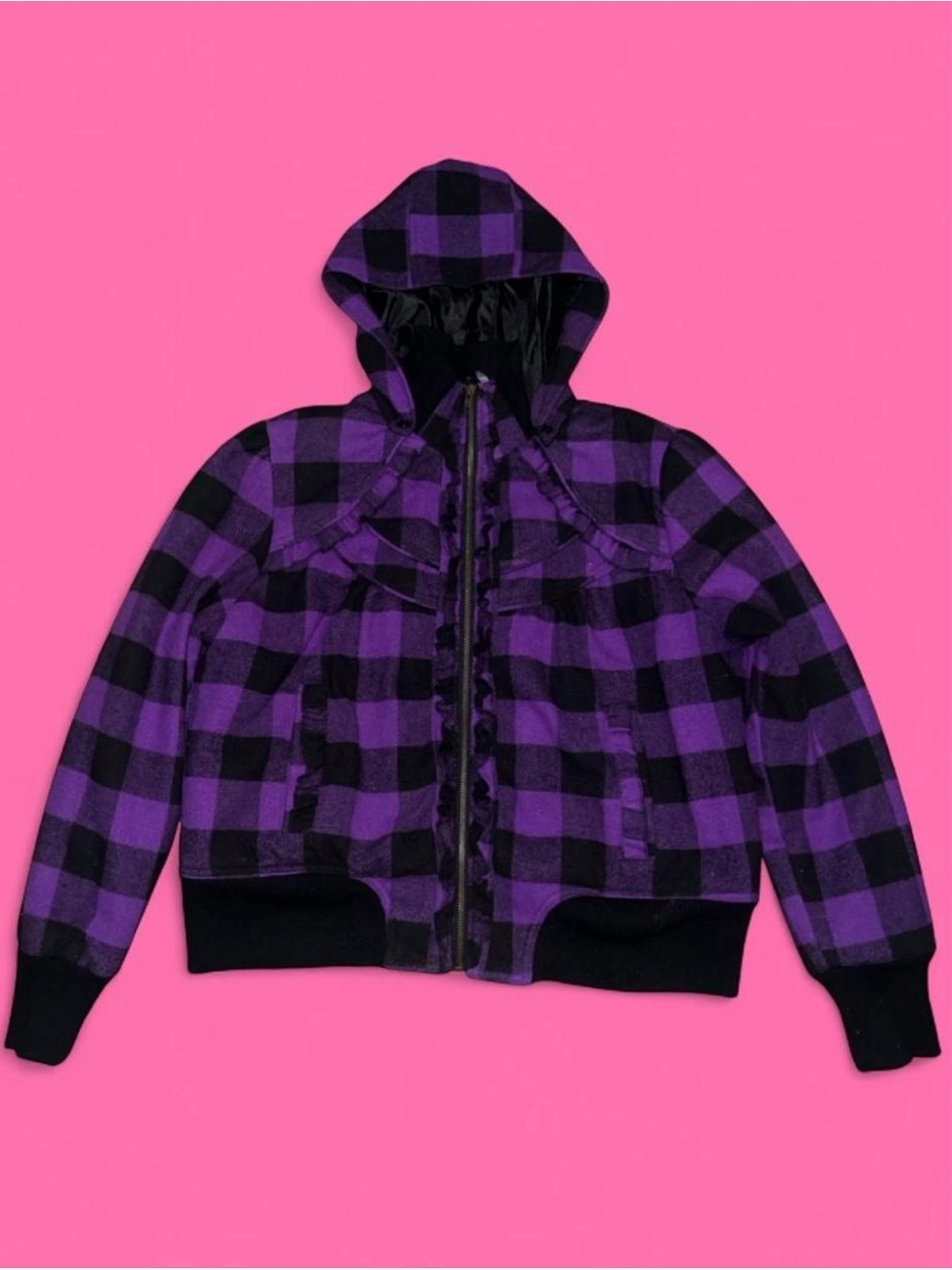 Purple and Black Plaid Hooded Bomber Jacket